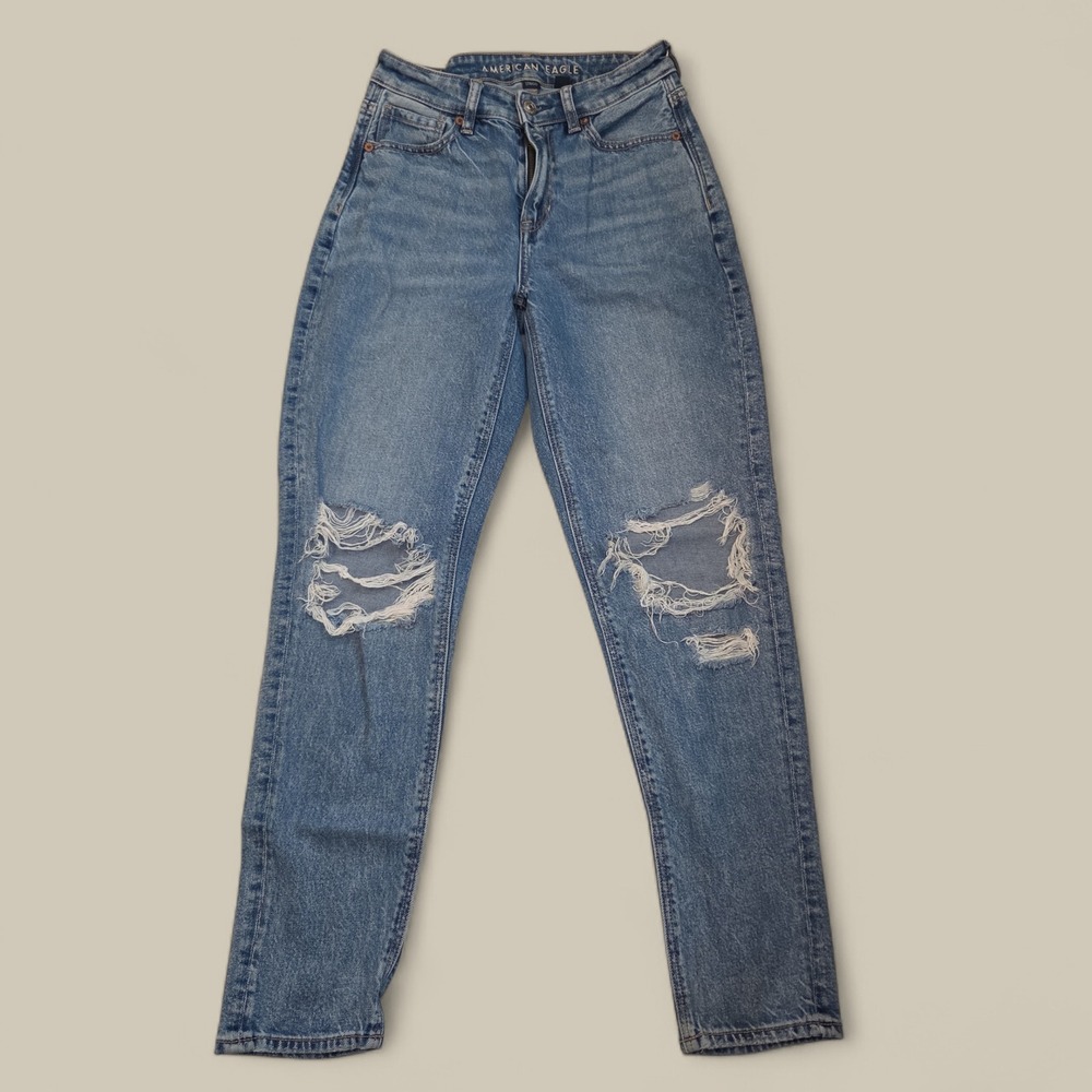 American Eagle Distressed High Waisted Straight Leg Mom Jeans Blue 0 Regular‎